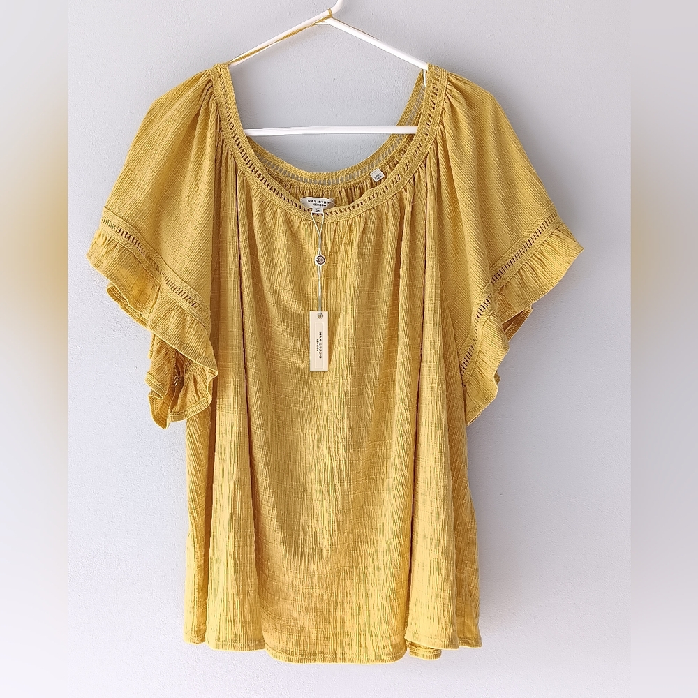 Max Studio Short-Sleeved Blouse Scoopneck Eyelet Trim Yellow Green Chartreuse 2X
